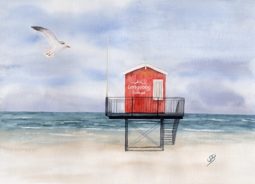Postkarte DIN-A5 Aquarell Maritim Kunst Druck Kunstdruck Nordsee Insel Langeoog Badeturm rot Strand Meer